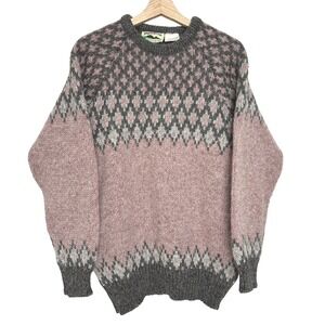Highland Craft Nordic 100% Wool Fisherman Sweater Wool Pink Gray S